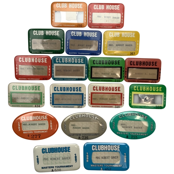 A Collection of Seventeen Masters Tournament Clubhouse Badges Issued to Mrs. Robert Baker 1968-1988