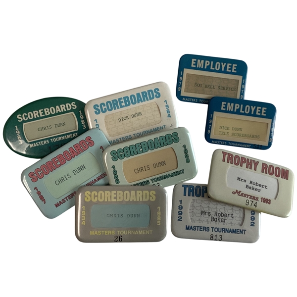 A Collection of Nine Masters Tournament Employee and Departmental Pinback Badges 1979-1993