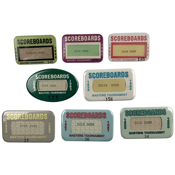 A Collection of Eight Masters Tournament Scoreboard Worker Credentials 1980-1988