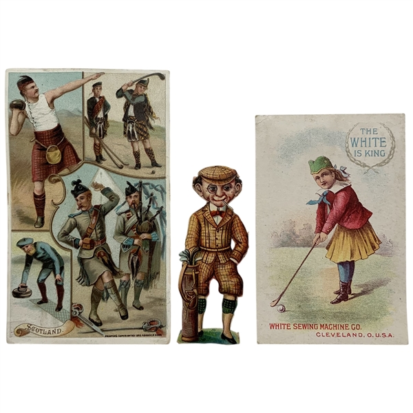 Trio of 19th Century Lithograph Advertising Cards and Die-Cut Figure Featuring Golf and Scottish Pastimes