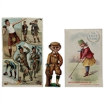 Trio of 19th Century Lithograph Advertising Cards and Die-Cut Figure Featuring Golf and Scottish Pastimes