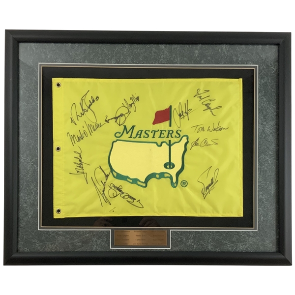 Tiger Woods Time-Period Signed 1997 Masters Center Embroidered Flag w/ Seve & 10 Champs - Framed JSA ALOA