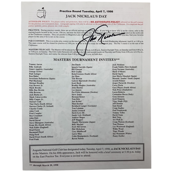 Jack Nicklaus Signed 1998 Masters Tournament Jack Nicklaus Day Pairing Sheet JSA ALOA