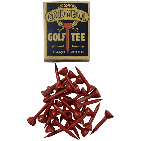 24 Gold Medal Hard Wood Red Painted Golf Tees in Original Box