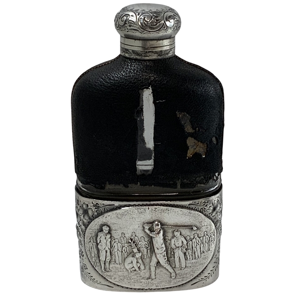 Vtg G & JW Hawksley Silver Plate & Leather on Glass Hip Flask w/ Golf Scene