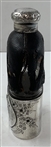Vtg G & JW Hawksley Silver Plate & Leather on Glass Hip Flask w/ Golf Scene