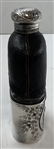 Vtg G & JW Hawksley Silver Plate & Leather on Glass Hip Flask w/ Golf Scene