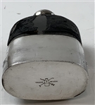 Vtg G & JW Hawksley Silver Plate & Leather on Glass Hip Flask w/ Golf Scene