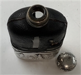 Vtg G & JW Hawksley Silver Plate & Leather on Glass Hip Flask w/ Golf Scene