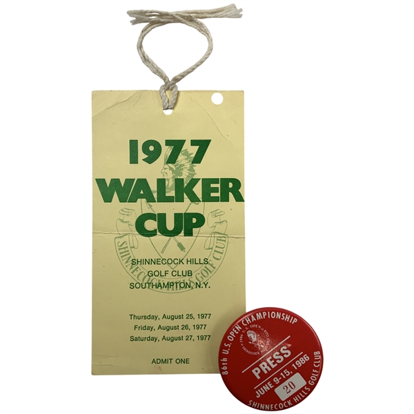 Two Shinnecock Hills Golf Club Memorabilia Items 1977 Walker Cup Ticket and 1986 U.S. Open Press Badge