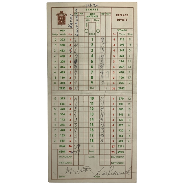 Champion Kathy Whitworth Signed 1963 Hillside Open at Montecito CC Final Rd Golf Scorecard w/ Mickey Wright JSA ALOA