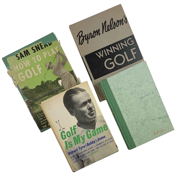 A Collection of Golf Instructional Books by Sam Snead, Byron Nelson, Bobby Jones, and Arnold Palmer.