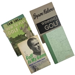 A Collection of Golf Instructional Books by Sam Snead, Byron Nelson, Bobby Jones, and Arnold Palmer.